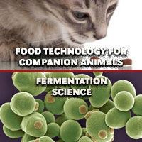 Cat eating pet food and images of yeast cells